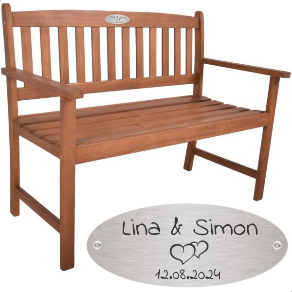 Bank zur Hochzeit mit Gravur-Schild zB. Herzen (Namen/Datum) Gartenbank Basic 110cm Holz Eukalyptus geölt, Edelstahlschild personalisiert, Geschenk zum Hochzeitstag