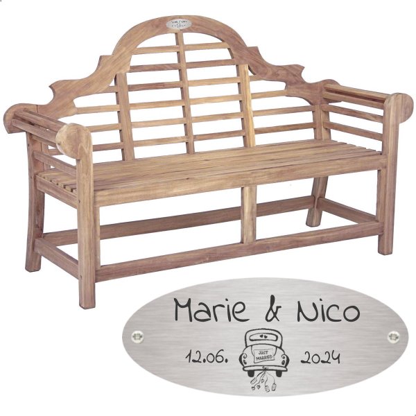 Hochzeitsbank mit Gravur-Schild zB Auto (Namen/Datum), 3-Sitzer Gartenbank Picadilli 166cm Teakholz, Edelstahlschild personalisiert, Geschenk zur Vermählung