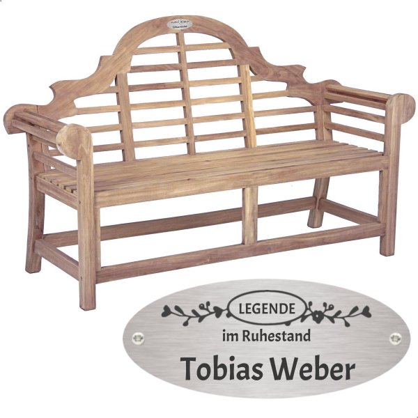 Rentnerbank mit Gravur-Schild zB Legende im Ruhestand (Name), 3-Sitzer Gartenbank Picadilli 166cm Teakholz, Edelstahlschild personalisiert, Geschenk zur Rente