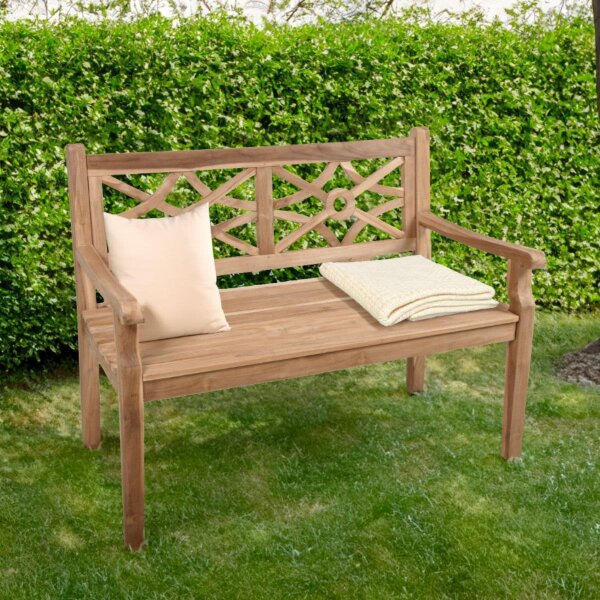 Goldene Hochzeit Bank mit Gravur-Schild zB Zahl (Namen), 2-Sitzer Gartenbank Sayang 120cm Teakholz, Edelstahlschild personalisiert, Geschenk zur Goldhochzeit