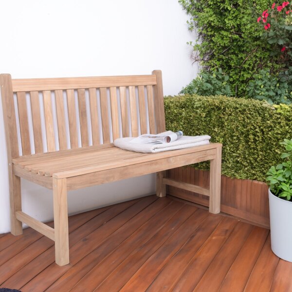 Bank zur Silberhochzeit mit Gravur-Schild zB Lieblingsplatz (Namen), 2-Sitzer Gartenbank Solo 120cm Teakholz, Edelstahlschild personalisiert, Geschenk 25. Hochzeitstag