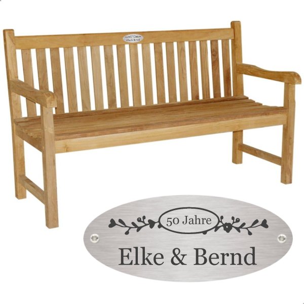Bank zur Goldhochzeit mit Gravur-Schild zB Ranken (Namen), 3-Sitzer Armlehnen Gartenbank Solo 150cm Teakholz, Edelstahlschild personalisiert, Geschenk 50. Ehe-Jubiläum
