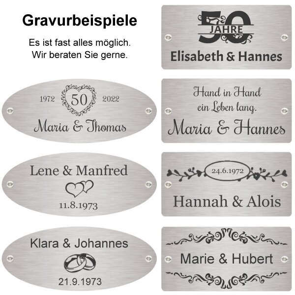 Goldene Hochzeit Bank mit Gravur-Schild zB Herz mit Zahl (Namen), 2-3 Sitzer Klapptisch Gartenbank Singapur 150cm weiß, Edelstahlschild personalisiert, Geschenk zur Goldhochzeit