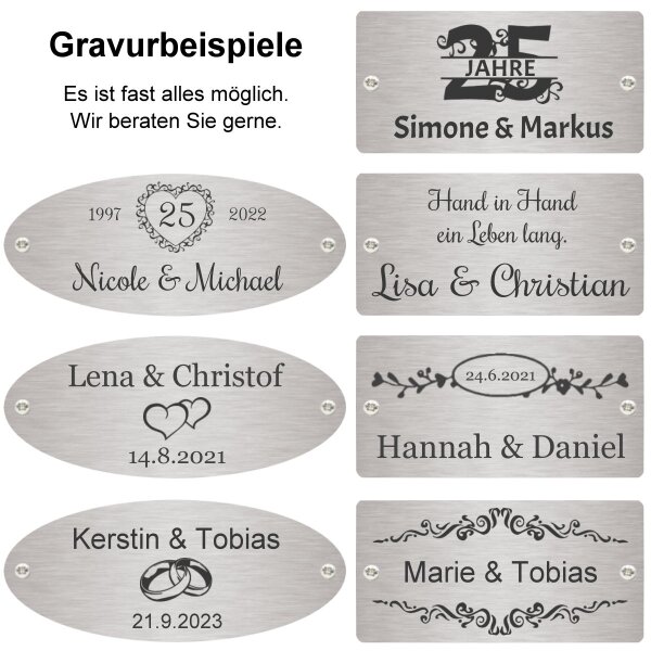 Silber Hochzeit Bank mit Gravur-Schild zB Ranken (Namen), 2-Sitzer Gartenbank Sumba 120cm Teakholz, Edelstahlschild personalisiert, Geschenk zum 25. Hochzeitstag