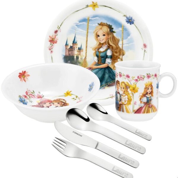 Kinderset Prinzessin 7tlg mit Gravur (zB Namen) personalisiertes Kinderbesteck + Kindergeschirr