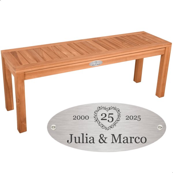 Silber Hochzeit Bank mit Gravur-Schild zB Herz mit Zahl (Namen), 2-Sitzer Gartenbank Biaro 120cm Teakholz, Edelstahlschild personalisiert, Geschenk zur Silberhochzeit