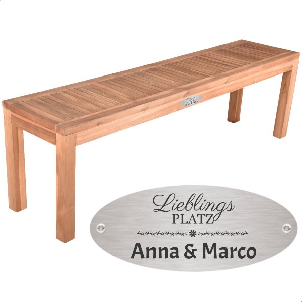 Silber Hochzeit Bank mit Gravur-Schild zB Lieblingsplatz (Namen), 3-Sitzer Gartenbank Biaro 150cm Teakholz, Edelstahlschild personalisiert, Geschenk zur Silberhochzeit