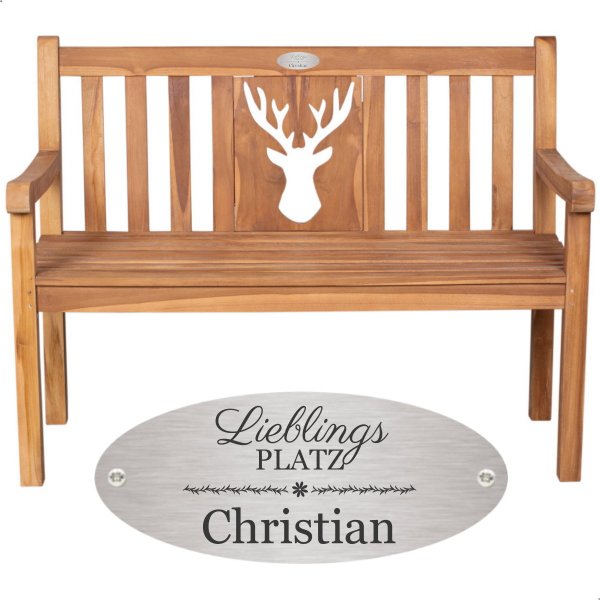 Bank zum Ruhestand mit Gravur-Schild zB Lieblingsplatz (Name), 2-Sitzer Gartenbank Hirsch 120cm Teakholz, Edelstahlschild personalisiert, Geschenk zur Rente