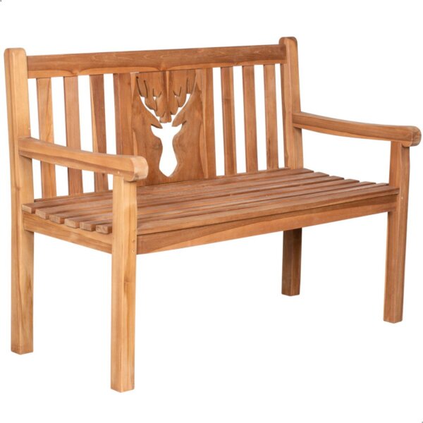 Bank zum Ruhestand mit Gravur-Schild zB Lieblingsplatz (Name), 2-Sitzer Gartenbank Hirsch 120cm Teakholz, Edelstahlschild personalisiert, Geschenk zur Rente