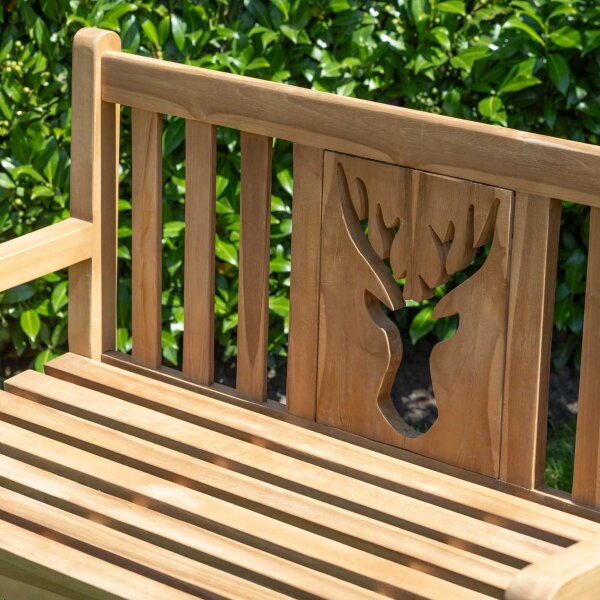 Bank zum Ruhestand mit Gravur-Schild zB Lieblingsplatz (Name), 2-Sitzer Gartenbank Hirsch 120cm Teakholz, Edelstahlschild personalisiert, Geschenk zur Rente