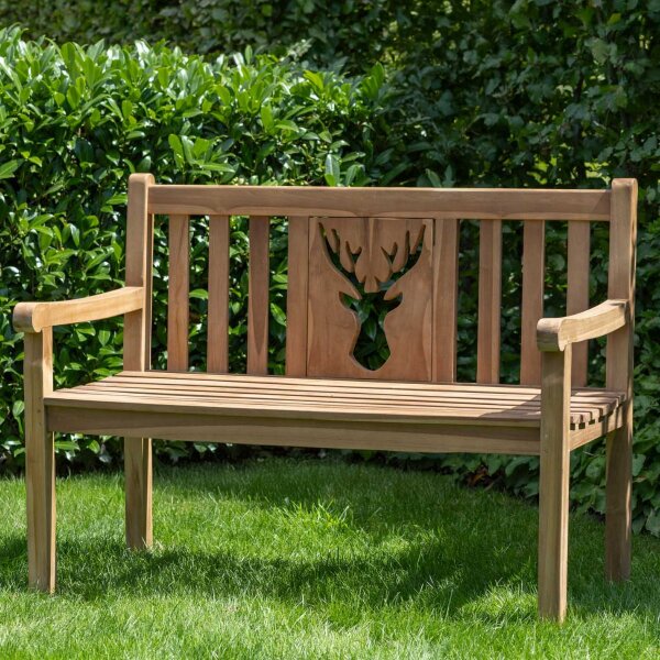 Bank zum Ruhestand mit Gravur-Schild zB Lieblingsplatz (Name), 2-Sitzer Gartenbank Hirsch 120cm Teakholz, Edelstahlschild personalisiert, Geschenk zur Rente
