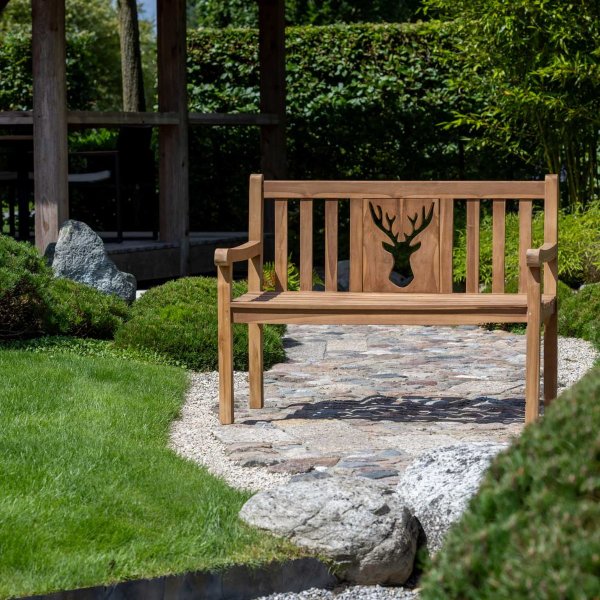Bank zum Ruhestand mit Gravur-Schild zB Lieblingsplatz (Name), 2-Sitzer Gartenbank Hirsch 120cm Teakholz, Edelstahlschild personalisiert, Geschenk zur Rente