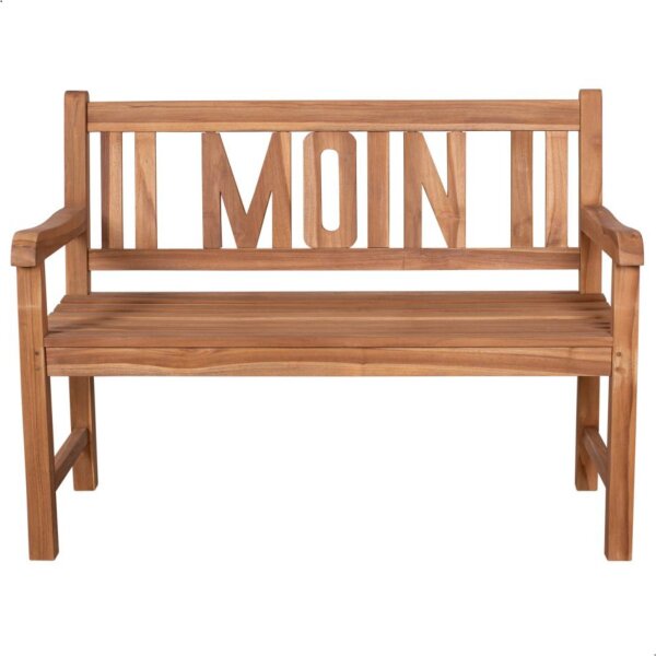 Bank zum Geburtstag mit Gravur-Schild zB Lieblingsplatz (Namen), 2-Sitzer Gartenbank Moin 120cm Teakholz, Edelstahlschild personalisiert, Geschenk zum Jubiläum