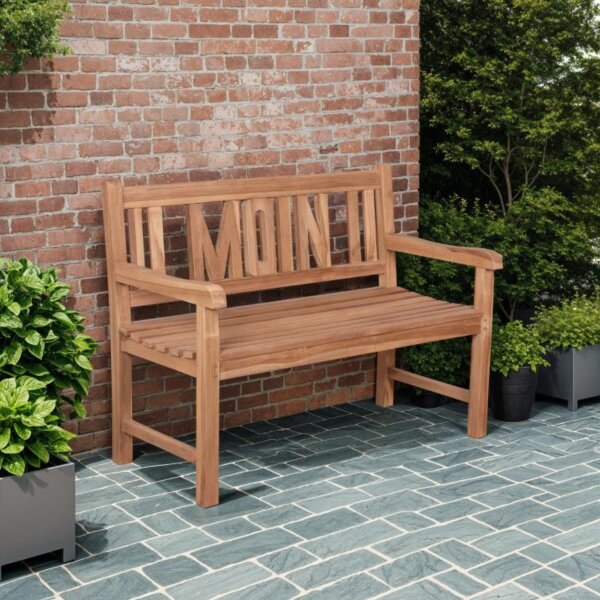 Bank zum Geburtstag mit Gravur-Schild zB Lieblingsplatz (Namen), 2-Sitzer Gartenbank Moin 120cm Teakholz, Edelstahlschild personalisiert, Geschenk zum Jubiläum