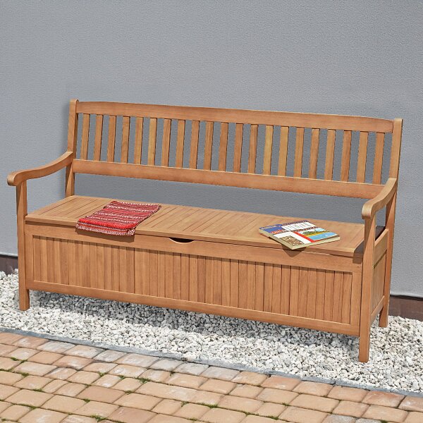 Jubiläumsbank mit Gravur-Schild zB Schmetterlinge (Namen), 3-Sitzer Holz-Bank Houston mit Staufach Truhenbank 157cm, Edelstahlschild personalisiert, Geschenkidee zum Geburtstag
