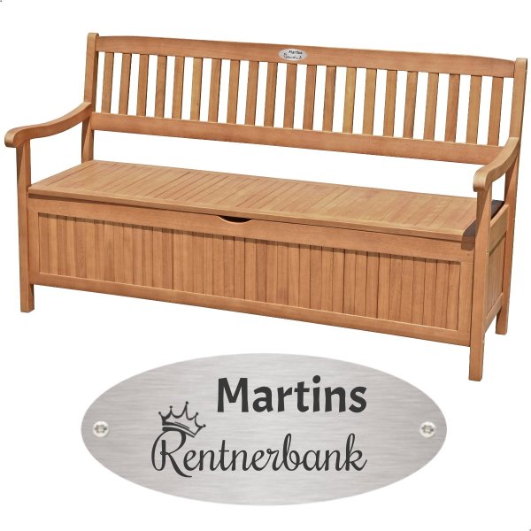 Bank zum Ruhestand mit Gravur-Schild zB Krone Rentnerbank (Namen), 3-Sitzer Holz-Bank Houston mit Staufach Truhenbank 157cm, Edelstahlschild personalisiert, Geschenkidee