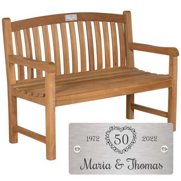 Personalisierte Bank zur Goldenen Hochzeit mit Gravur-Schild aus Edelstahl | Robuste Gartenbank Collingham 120cm | Motiv Herz mit Zahl – Teak Geschenk