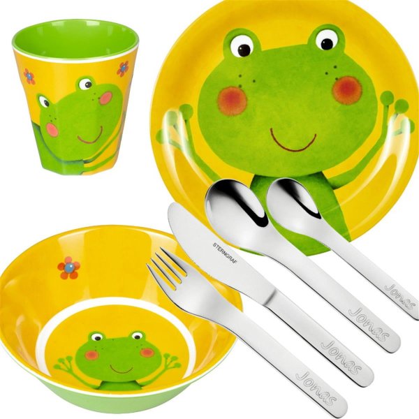 Sterngraf Kinderset Frosch 8tlg mit Gravur (zB Namen) personalisiertes Kinderbesteck + Kindergeschirr Tiere (Teller Becher Schale)