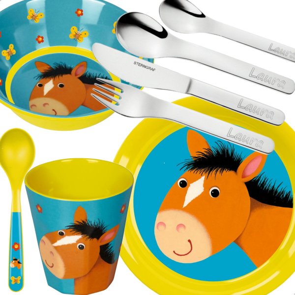 Sterngraf Kinderset Pony 8tlg mit Gravur (zB Namen) personalisiertes Kinderbesteck + Kindergeschirr Pferd (Teller Becher Schale)